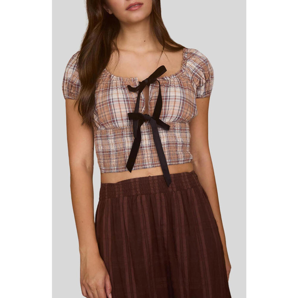 NWT! Blu Pepper Plaid Bow Top in Brown Size Small